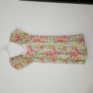 TORI RICHARD Green Coral Blue Silk Scoop Neck Floral Ruffle Cap Shift Dress